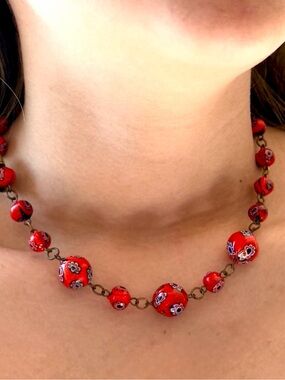 NWT Vintage Red Murano Glass Millefiori Round Bead Venetian Glass 16” Necklace
